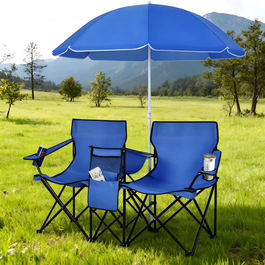 2-Person Camping Social Chair Folding Chair with Umbrella